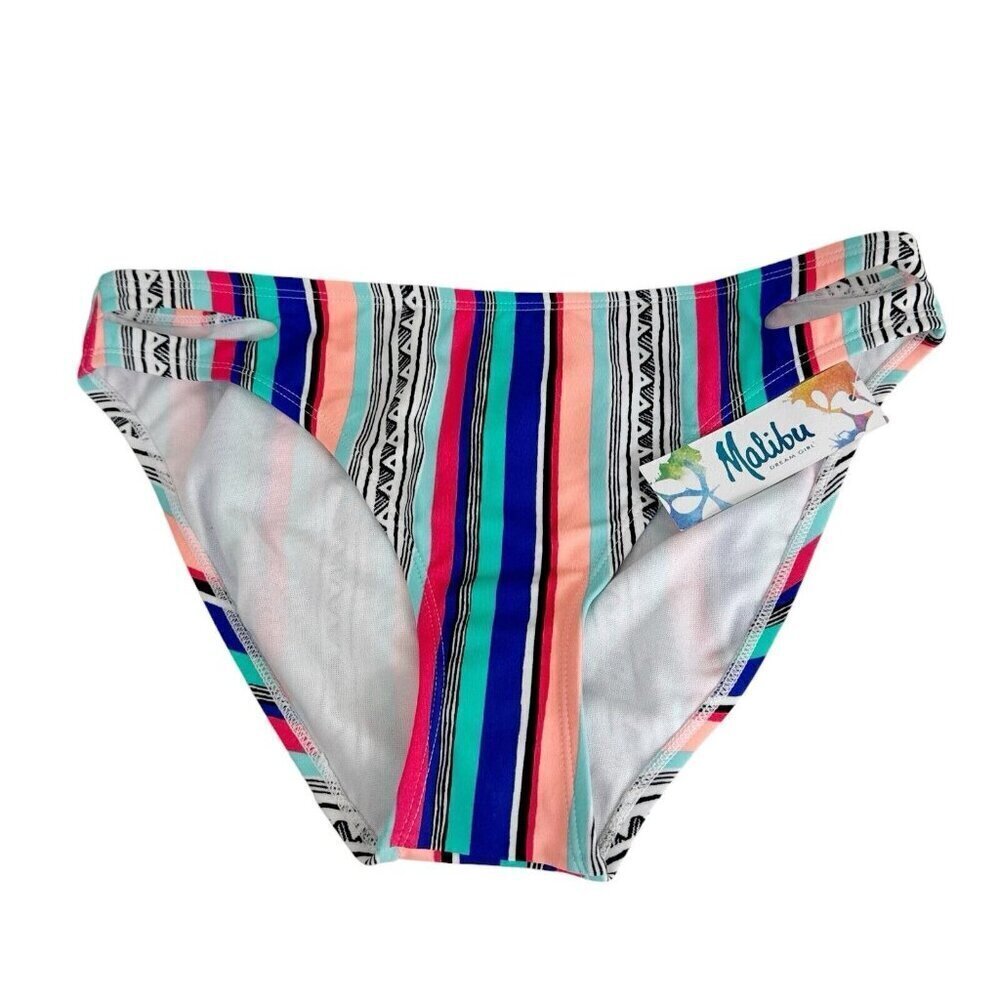 Malibu Dream Girl Women's L Swim Bikini Bottom Peach Coral Striped‎ New